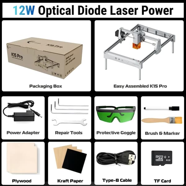 Lasergraver, 200 x 300 mm arbejdsområde, udskiftelige laser moduler,12W Diode, EU-b
