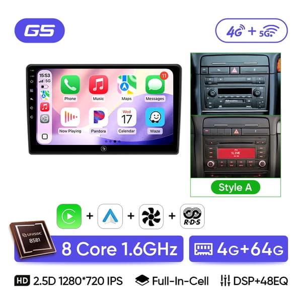 Bil Multimediaafspiller, Problemfri Forbindelse, Brugervenligt Interface, kompatibel med Audi A4 B6 (2000-2009) Trådløs,G5 4G 64G Stil A