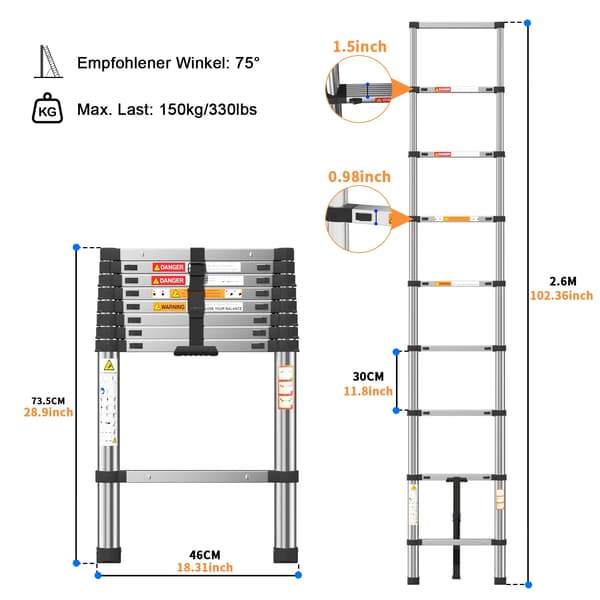Teleskopstege, Bärbar, Säkerhetsfunktioner,2.6 M