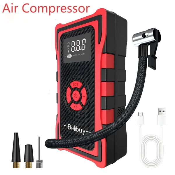 Startkablar och Luftkompressor, 8000mAh Batteri, Multifunktionell Design,Luftpump