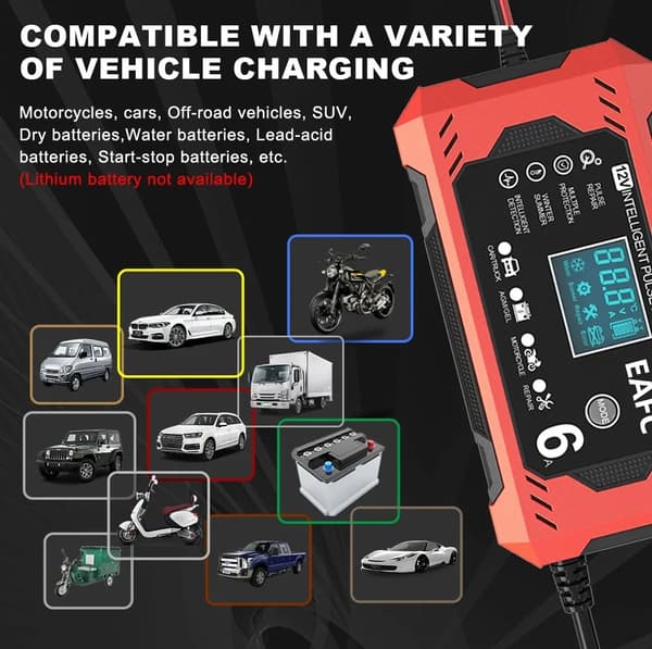Bilbatterioplader, 6A, LCD-skærm,12V 6A