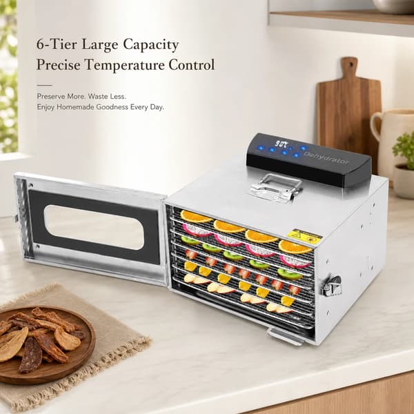 Matdehydrator, 6 brickor, 400W effekt, 220V spänning, justerbar temperatur 30-85℃, timer 0,5-24h