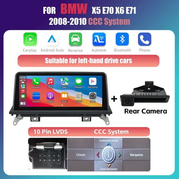 Carplay, Touchscreen Display, Smartphone Forbindelse, kompatibel med BMW X5 E70 X6 E71 2008-2010,CCC System+CAM