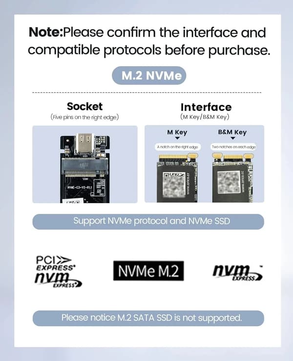 NVM Express SSD Kabinet, 20Gbps Overførselshastighed, Aluminium Design,Sølv