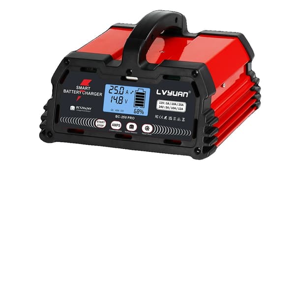 Bilbatteriladdare, 7-stegs automatisk, säkerhetsfunktioner,25A Röd