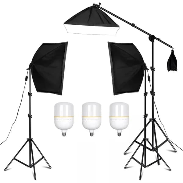 Softbox belysningskit, justerbar lysstativ, E27 kompatibilitet,3stk 2-farvede pærer