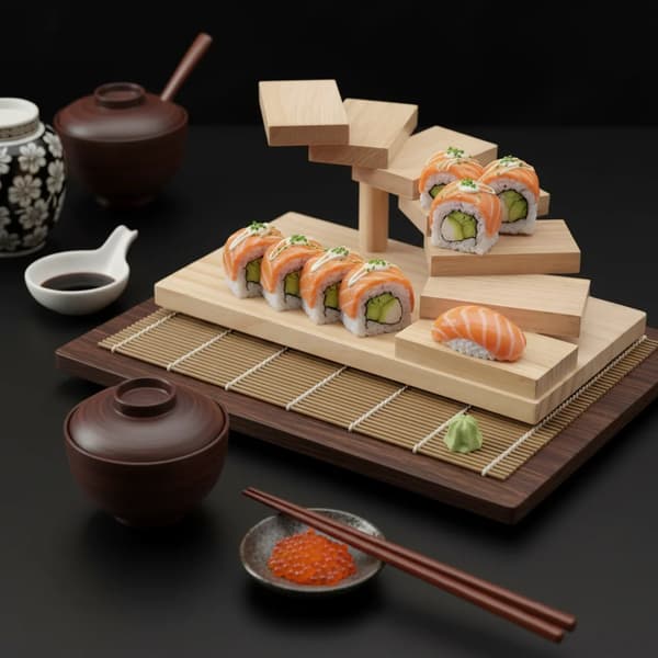 Sushi serveringsfat, massivt trä, bordsdisplayställ, Måsfärg