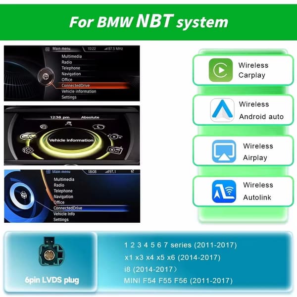 CarPlay-interface, trådløs teknologi, kompatibel med BMW CIC-system, forbedret navigation,For NBT-system