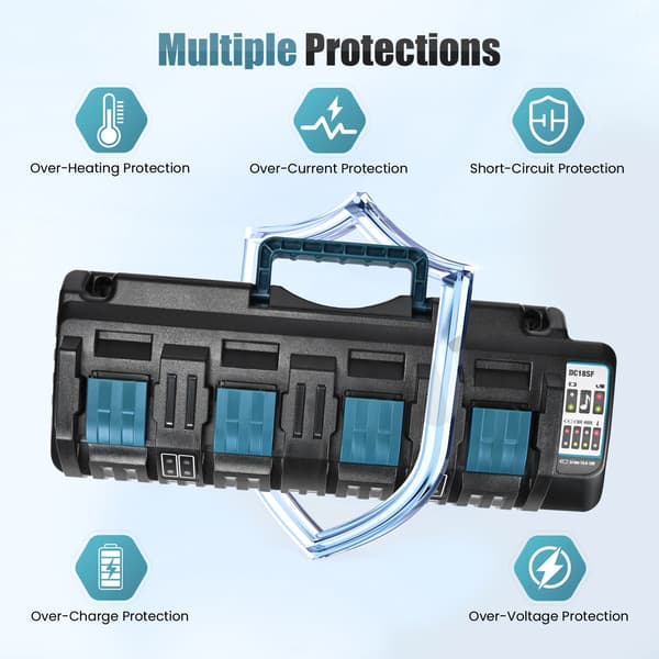 Batterioplader, Fire opladningsporte, Dobbelt USB-porte,sort