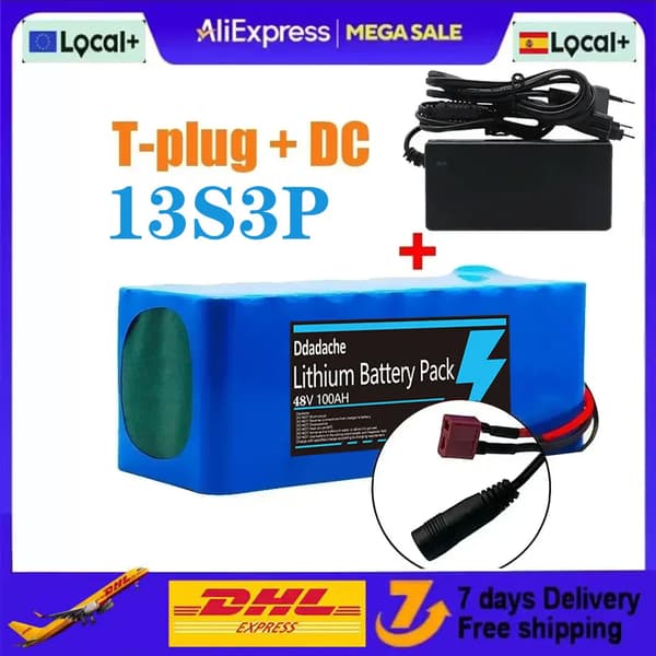 Litiumjonbatteripack, 100Ah kapacitet, 48V spänning, T-DC-laddare