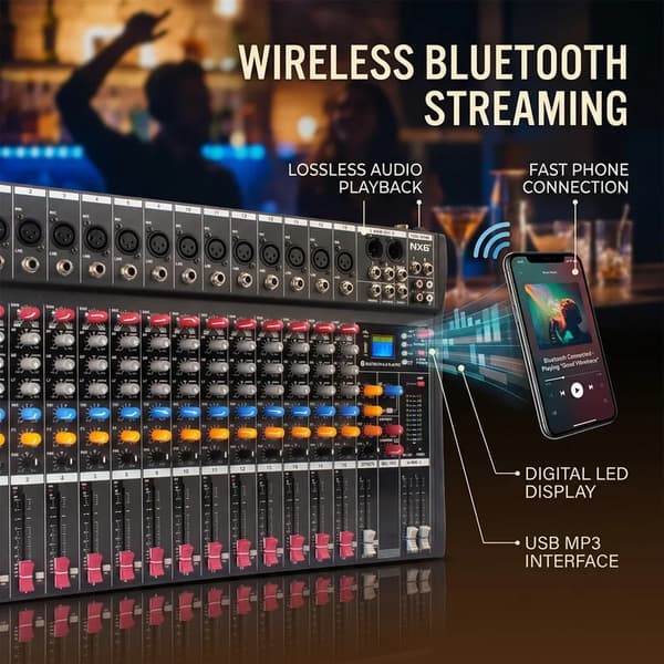 Lydmixer, 16-kanaler, 60mm faders, Bluetooth-kompatibilitet, USB MP3-afspiller understøttelse, DC-strømkilde