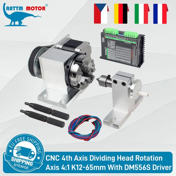 CNC Rotationsaxelkit, 65mm Chuck, Högprecisionsprestanda,K12-65mm 4klor & drivare