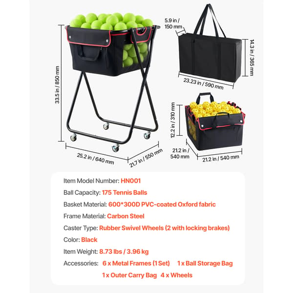 Tennisbold Hopper, Rummer 175 Bolde, Ergonomisk Design,Sort