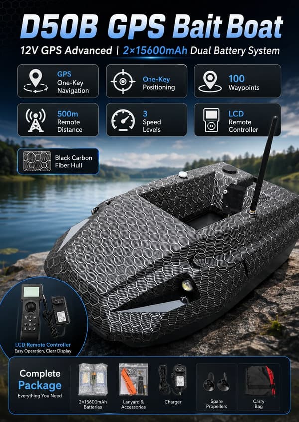 Bait Boat, Dobbelt GPS Positionering, Høj Kapacitet Batteri,sort