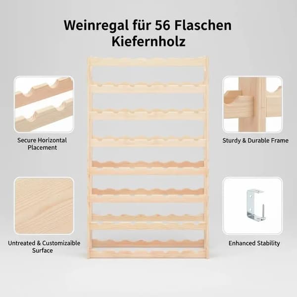 Vinkyl, Konstruktion av furu, Rymmer 56 flaskor,Beige