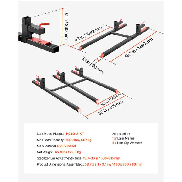 Palletrammer, 2000 lbs kapacitet, justerbar stabilisatorstang,60tommer 2000lbs