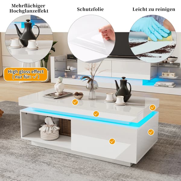 Kaffebord, LED-belysning, Elegant Förvaringslåda,VIT