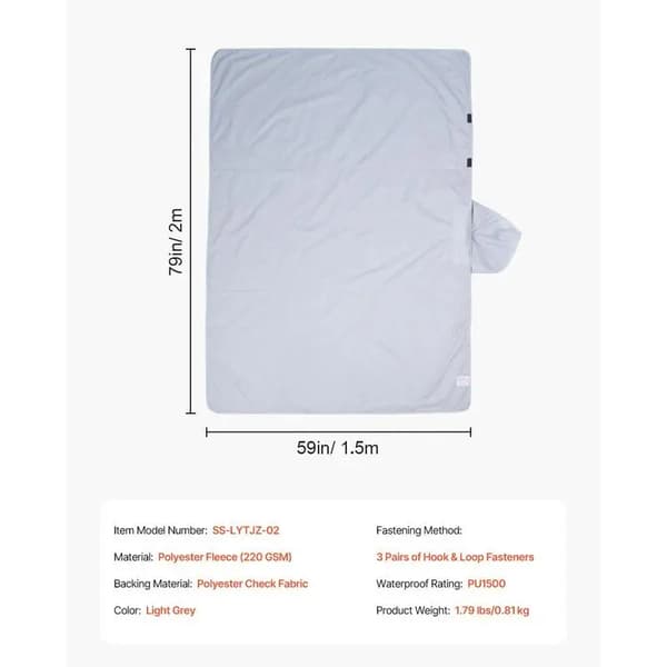 Campingfilt, 2m x 1,5m, Polyesterfleece, Vattentät PU1500, Vindskyddande, Brandsäker