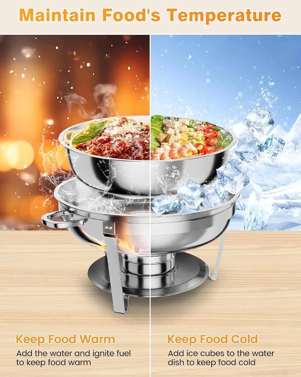 Chafing Dish, Rustfrit Stål, 5 Quart Kapacitet, 14 tommer Diameter, Ideel til Buffetbrug, Inkluderer Låg og Ske