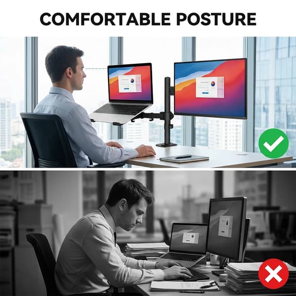 Skærm- og computerstand, fuldt justerbar, pladsbesparende design,sort