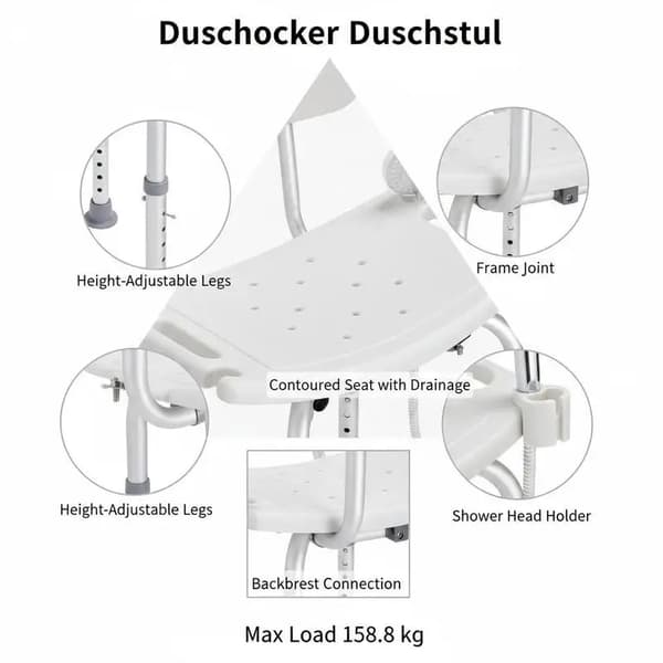 Duschpall, Höjdjusterbar, Stark Lastkapacitet, VIT