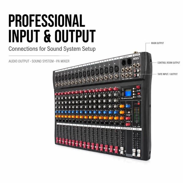 Lydmixer, 16 Kanaler, 48V Phantom Strøm, Indbygget DSP Effekter, Bluetooth Integration, LED Skærm