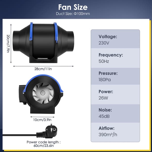 Inline ventilator, lav støjoperation, fire justerbare hastigheder,220V EU