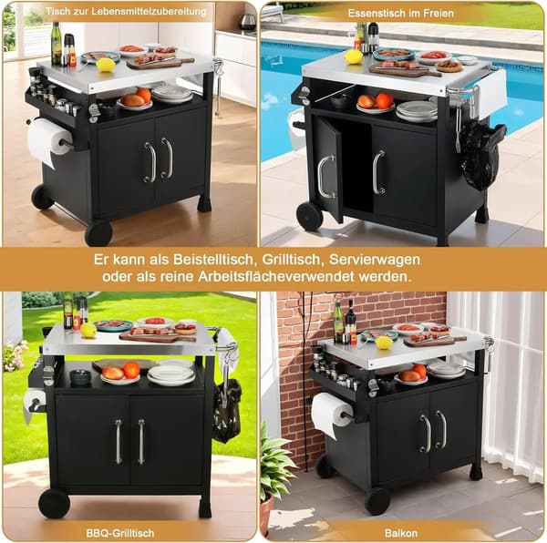 Grillvogn, Rustfrit Stål Top, Multifunktionelt Design,sort