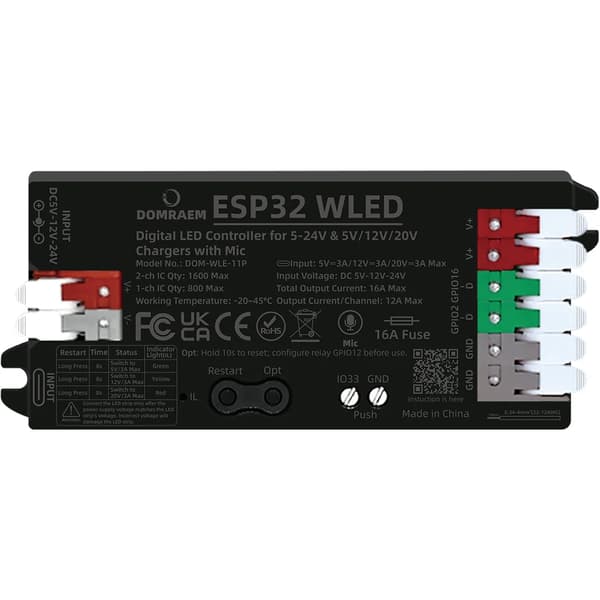 WLED-controller, dual DC-indgang, stemmestyring kompatibel,PD ESP32 Mikrofon Sort, 2 Års Garanti
