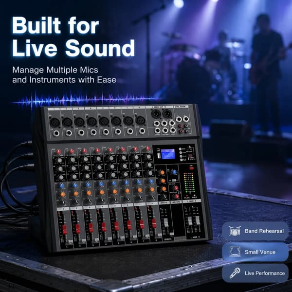 Lydmixer, 8 Kanaler, USB Afspilning, 3-Bånd EQ, FX Send, 48V Phantom Strøm