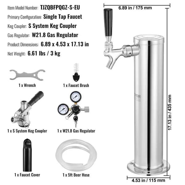 Kegerator Öltorn Set, Rostfritt Stål, Dubbel Mätare Regulator, Silver