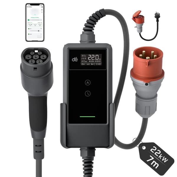 EV-lader, 22kW effekt, fleksible strømindstillinger,7m Væghængt APP