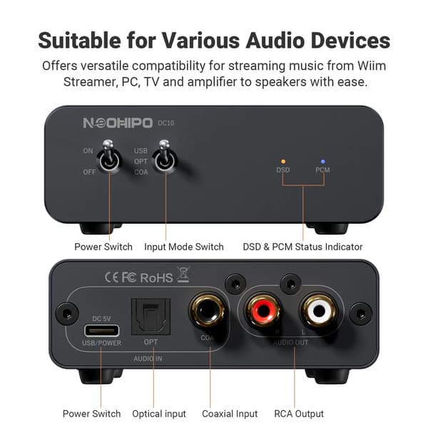 USB DAC Dekoder, Stöder DSD256/768kHz, 116dB SNR, 2.0 Kanaler, Över 200W Effekt, CE Certifierad