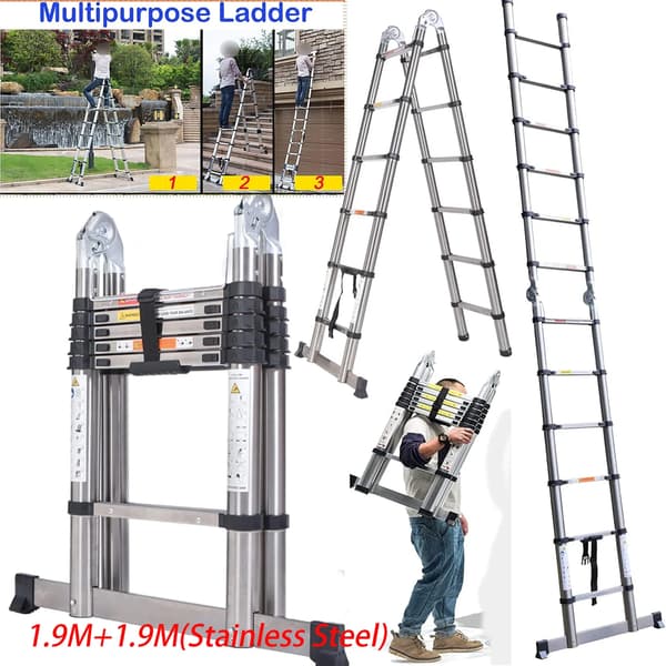 Teleskopstige, Rustfrit Stål, 150 kg Kapacitet,1.9M+1.9M( rustfrit stål)