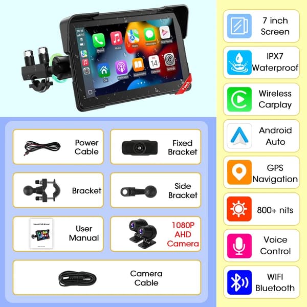 Motorcykel GPS-navigation, 7-tommer skærm, Dual Bluetooth 5.0,DVR
