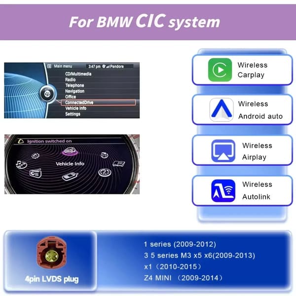 CarPlay-interface, trådløs teknologi, kompatibel med BMW CIC-system, forbedret navigation,Til CIC-system