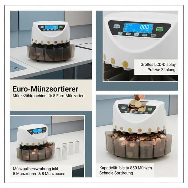 Møntsorterer, Automatisk Tælling, Stort LCD-display,Rød