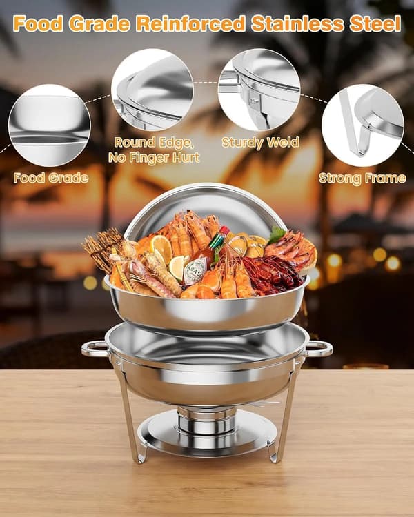 Chafing Dish, Rustfrit Stål, 5 Quart Kapacitet, 14 tommer Diameter, Ideel til Buffetbrug, Inkluderer Låg og Ske