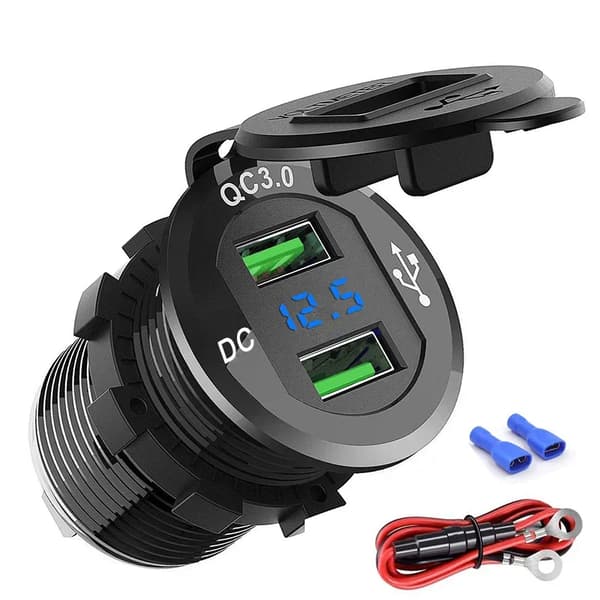 USB Oplader Stik, Hurtig Opladning 3.0, LED Digital Voltmeter,Sort med ledning