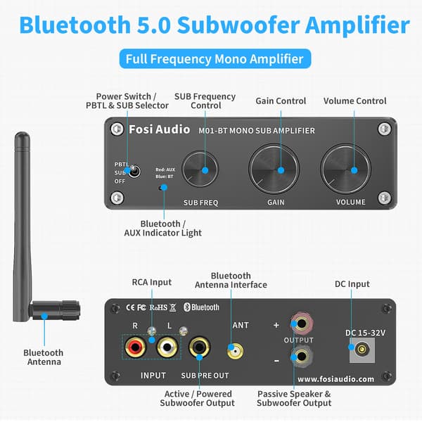 Lydforstærker, Bluetooth 5.0-forbindelse, høj effektudgang,M01-BT-EU-24V