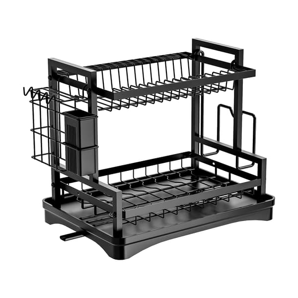 Opvaskestativ, To-niveau Design, Automatisk Drænsystem,sort