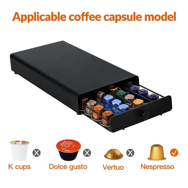 Kaffekapsel Organizer, 40 Rum, Utrækkelig Skuffe,sort