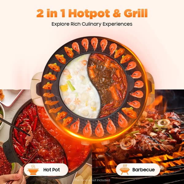 Hot Pot, Dobbelt-zone Madlavning, Non-stick Grillplade,Guld