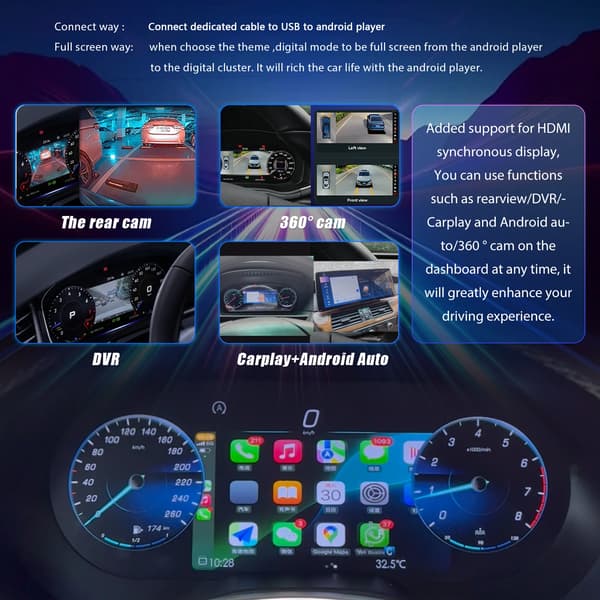Digital Dashboard Cluster, 12,3 tommer skærm, flersproget support,GLA W176 carplay