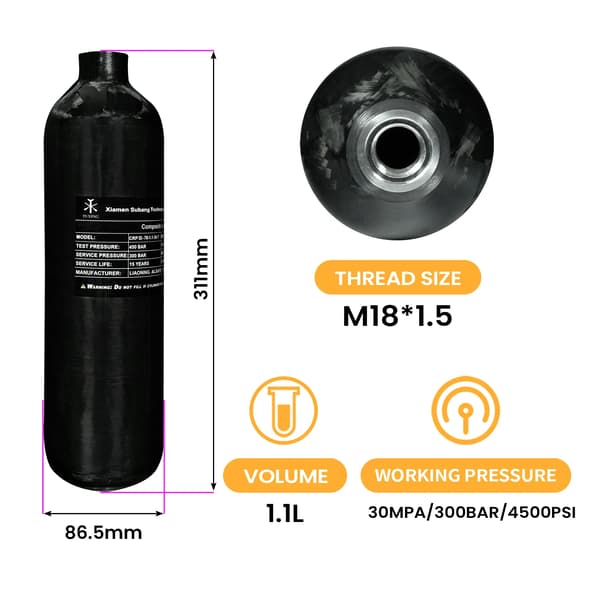 Högtrycksluftcylinder, kolfiber, 1,1L kapacitet,1.1L