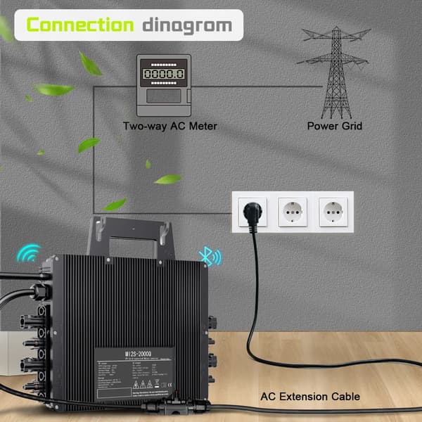 Mikroinverter, 2000W Strøm, WiFi-forbindelse,2000W Mikroinverter, DC 22-50V, AC 230V