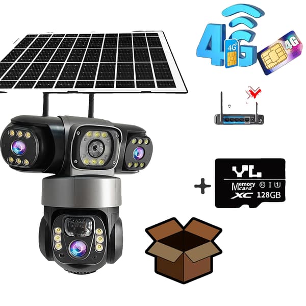 Utomhus säkerhetskamera, tri-lins system, solenergi,4G Kamera med 128G Kort, Typ-C, PAL