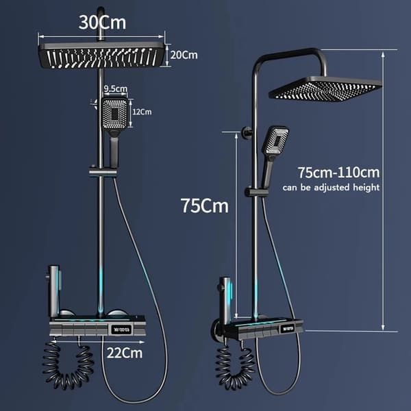 Duschkranssystem för badrum, LED-display, termostatisk kontroll,Svart