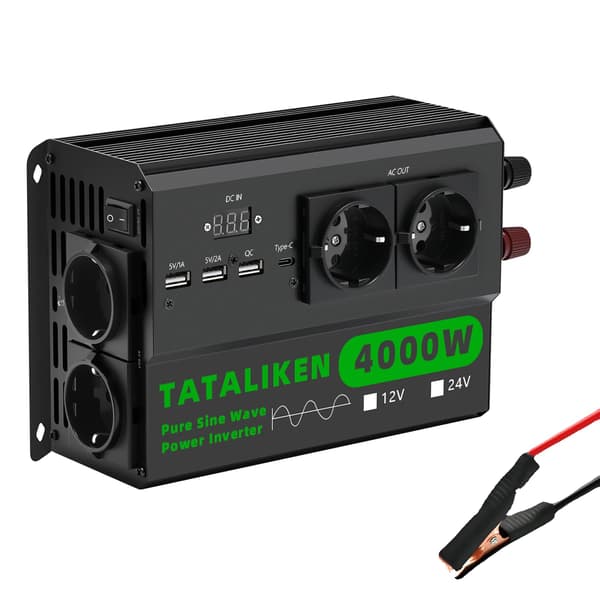 Inverter, 4 EU stik, Auto termostat blæser,4000W EU-sort