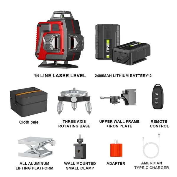 Laser Level, 360-Degree Projection, Automatic Calibration, Red 16-Line (No Tripod + Fabric Bag)